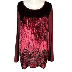 Ulla Popken Tunic Plus Size 20/22 Crushed Velvet Burgundy Beaded Glam Elegant